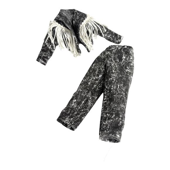 Fringed Acid Wash Jacket & Pants For Ken Barbie Doll Black White Gray Set Vtg - Picture 3 of 4